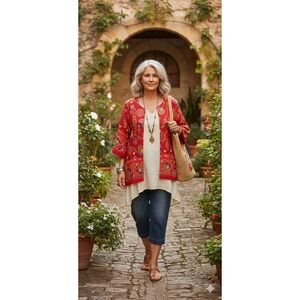 Coldwater Creek Floral Paisley Linen Blend Open Front Kimono Jacket PL Boho
